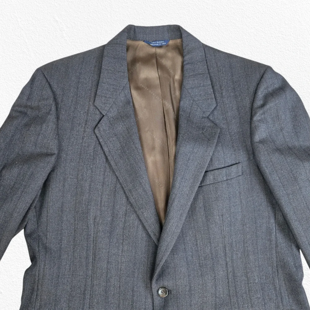 Vintage 80s Geoffrey Beene Gray Wool Pinstripe Suit USA Made Blazer Set Size 40R
